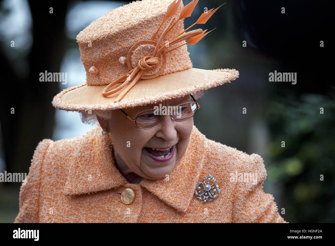 Königin Elizabeth II. besucht Wolferton Kirche auf Sandringham Estate mit: Queen Elizabeth II wo: Kings Lynn, Großbritannien wenn: 20. Januar 2014 Stockfoto