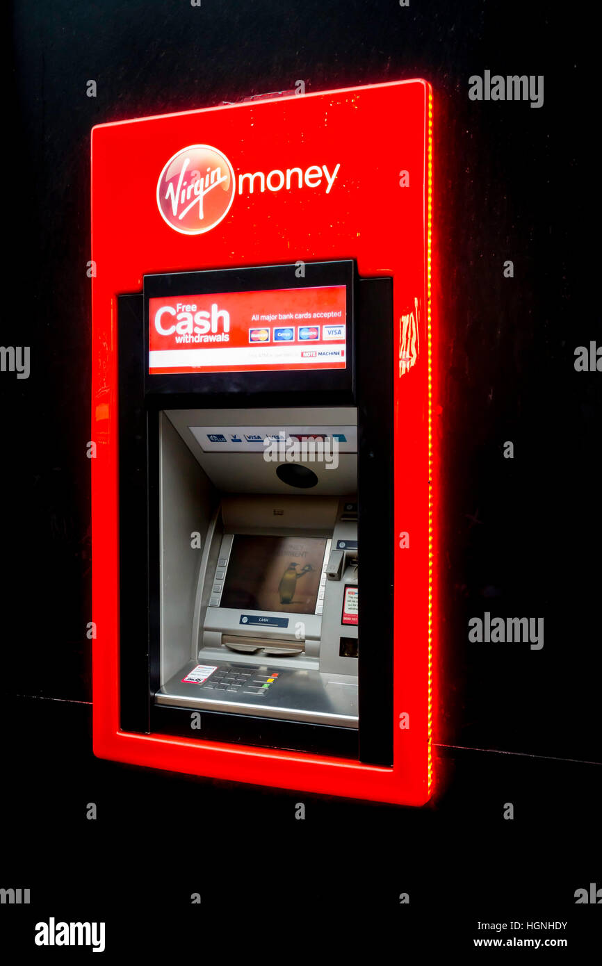 Ein roter Virgin Geld ATM Loch in der Wand-Geld-Maschine Stockfoto