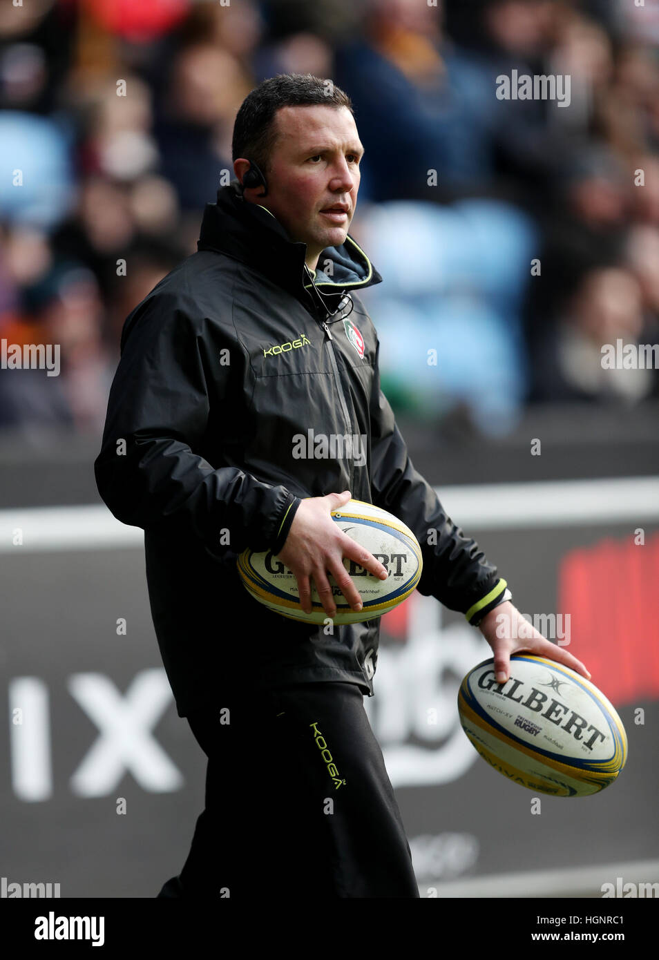 Leicester Tigers Trainer Aaron Mauger während des Spiels der Aviva Premiership in der Ricoh Arena, Coventry. DRÜCKEN SIE VERBANDSFOTO. Bilddatum: Sonntag, 8. Januar 2017. Siehe PA Story RUGBYU Wesps. Bildnachweis sollte lauten: David Davies/PA Wire. Stockfoto