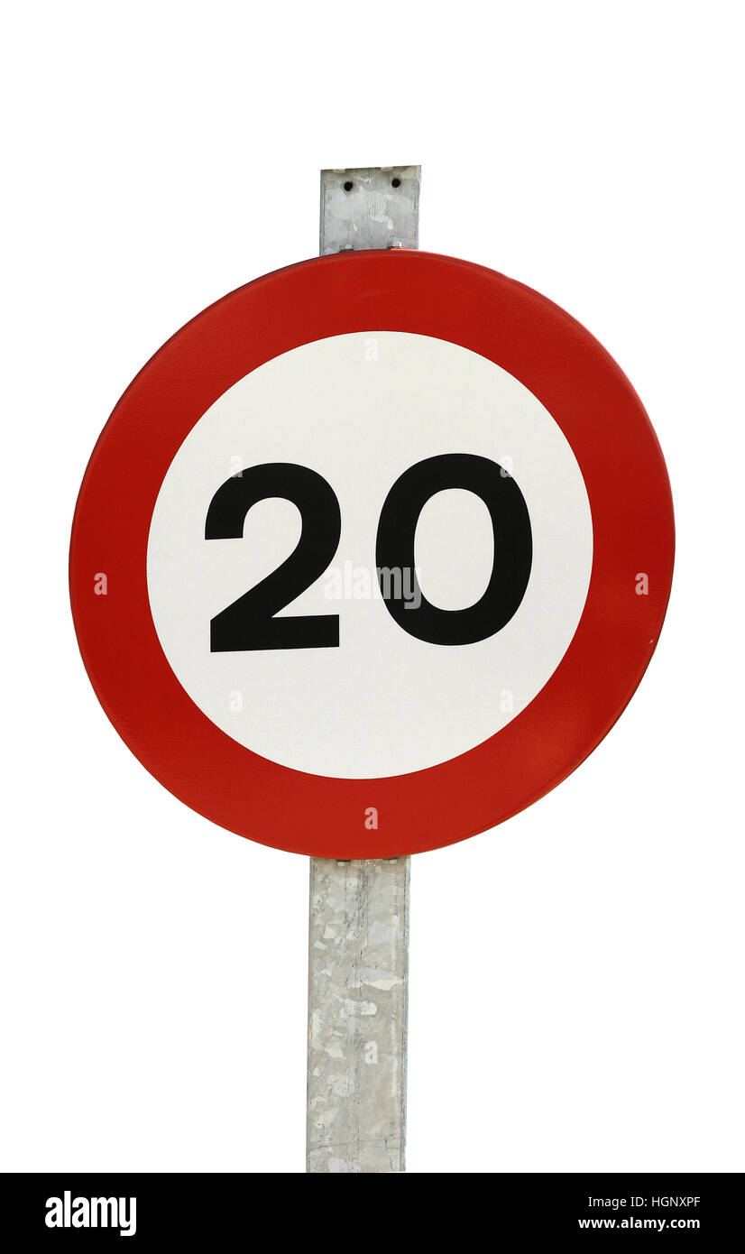 Geschwindigkeitsbegrenzer Verkehrszeichen 20kmh. Stockfoto
