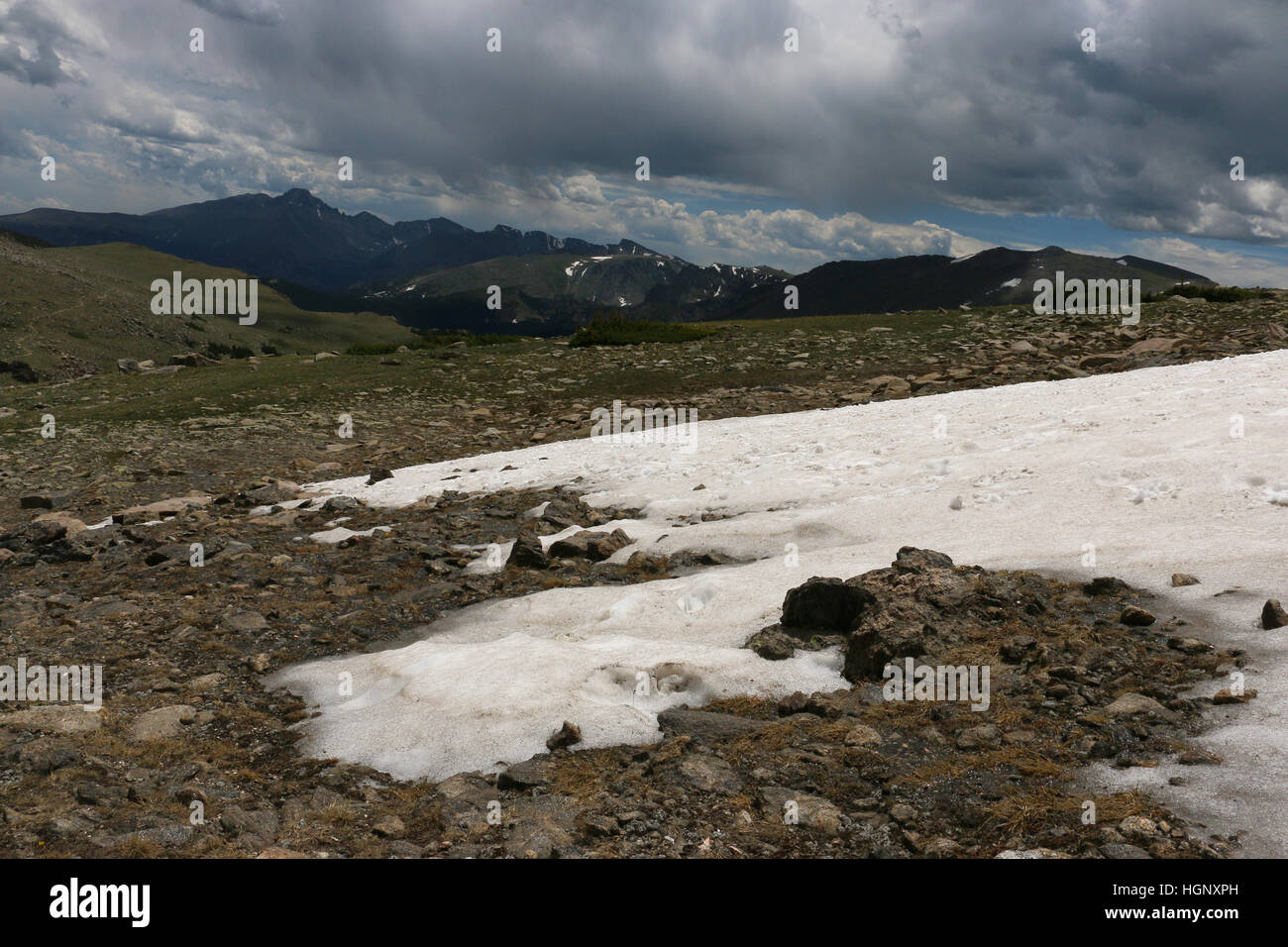 Skifahrer auf Feld Pikes Peak Rocky Mountain National Schneegrat Colorado Stockfoto