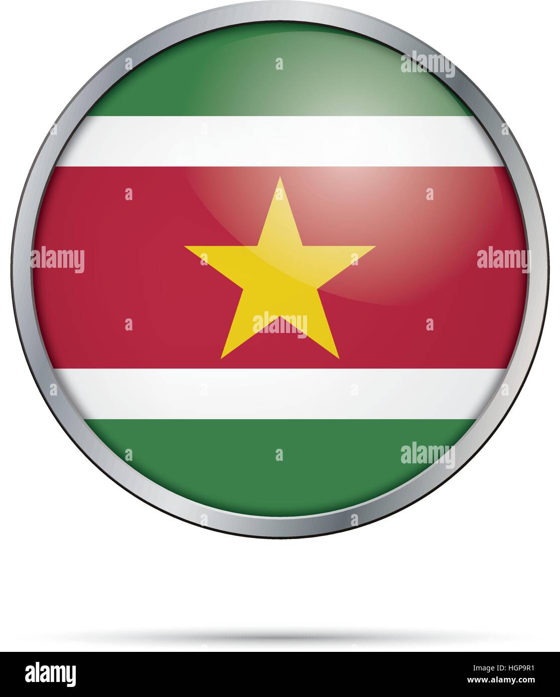 Suriname Flagge Glas Button Stil mit Metallrahmen. Schaltfläche "Vektor surinamischen Flagge". Stock Vektor