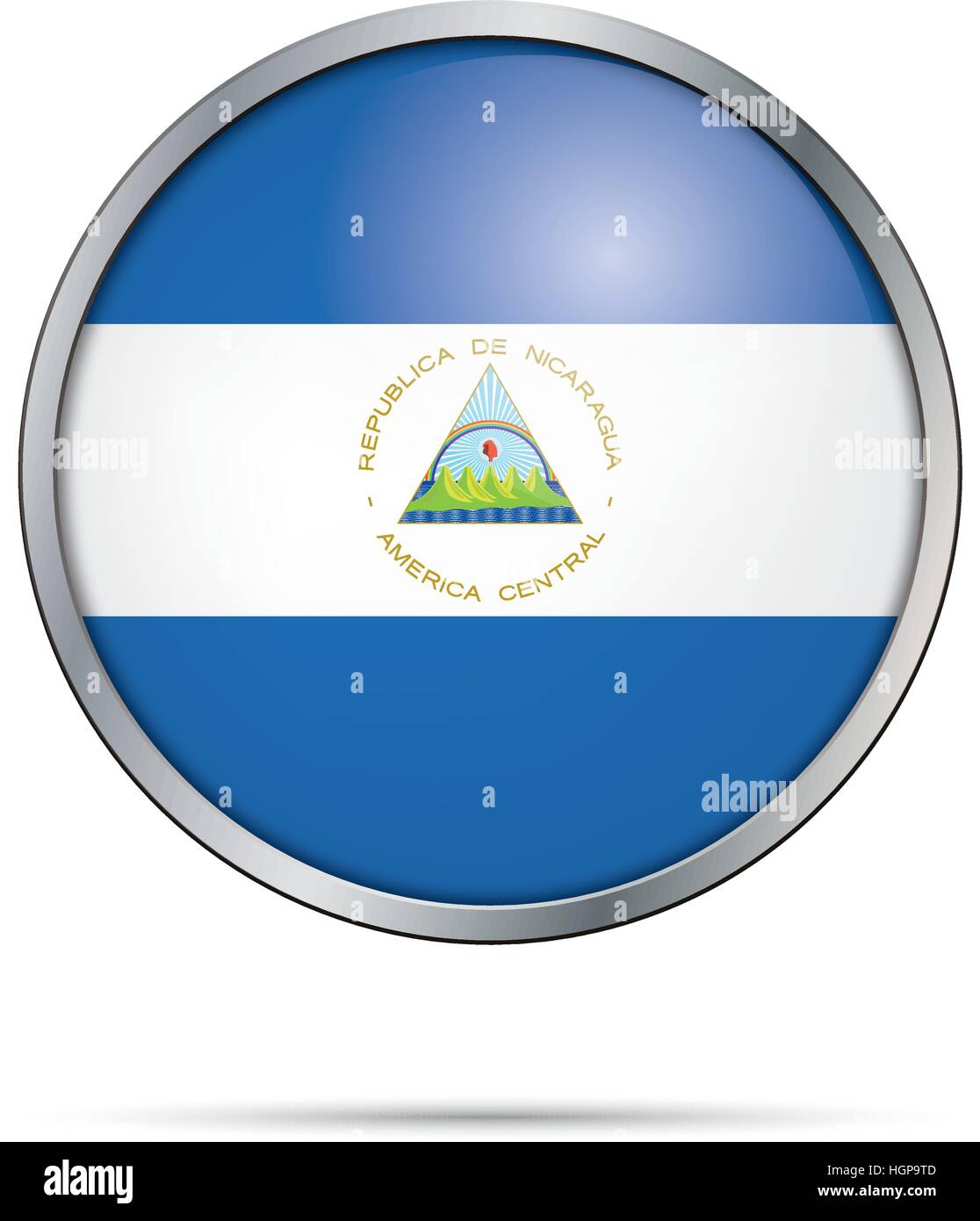 Nicaragua Flagge Glas Button Stil mit Metallrahmen. Schaltfläche "Vektor nicaraguanischer Flagge". Stock Vektor