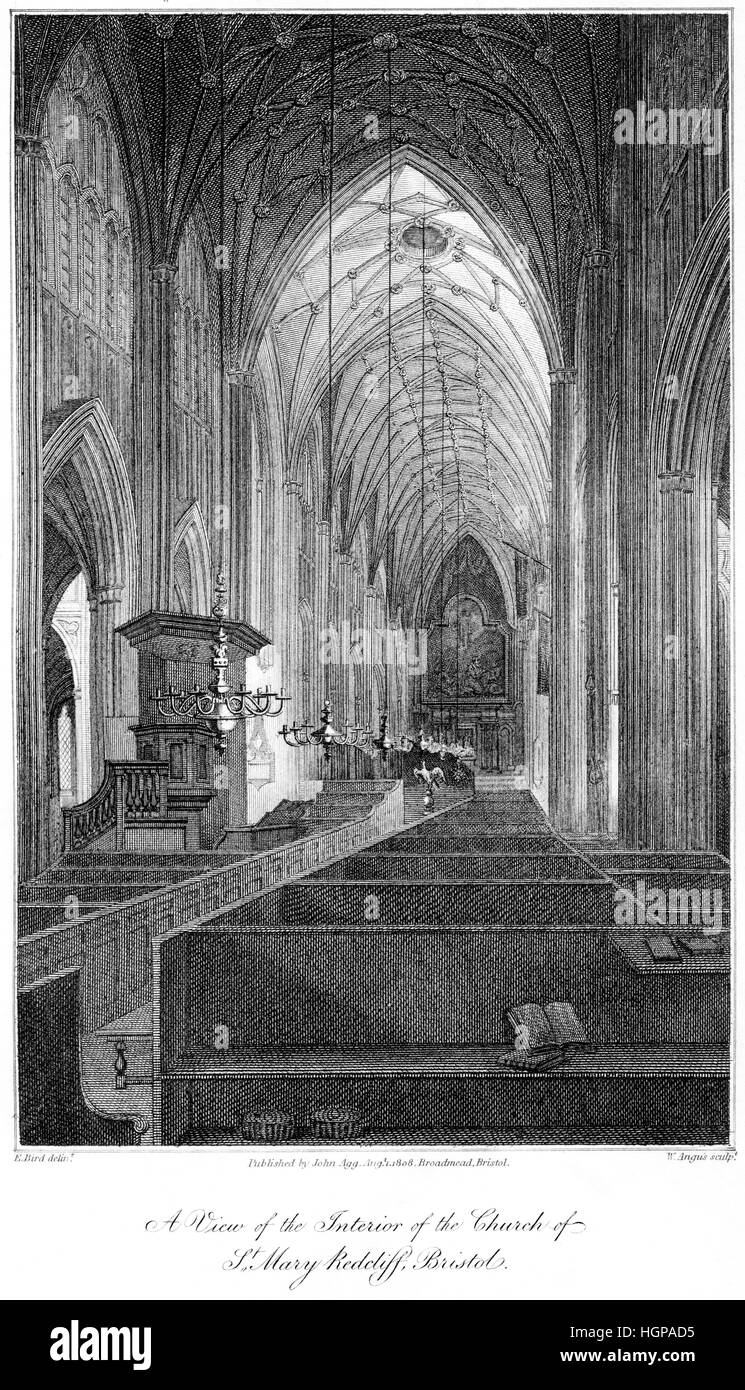 Eine Gravur auf ein Blick auf das Innere der Kirche St Mary Redcliff, Bristol im Jahre 1808 in hoher Auflösung aus einem Buch, gedruckt im Jahre 1816 gescannt. . Stockfoto