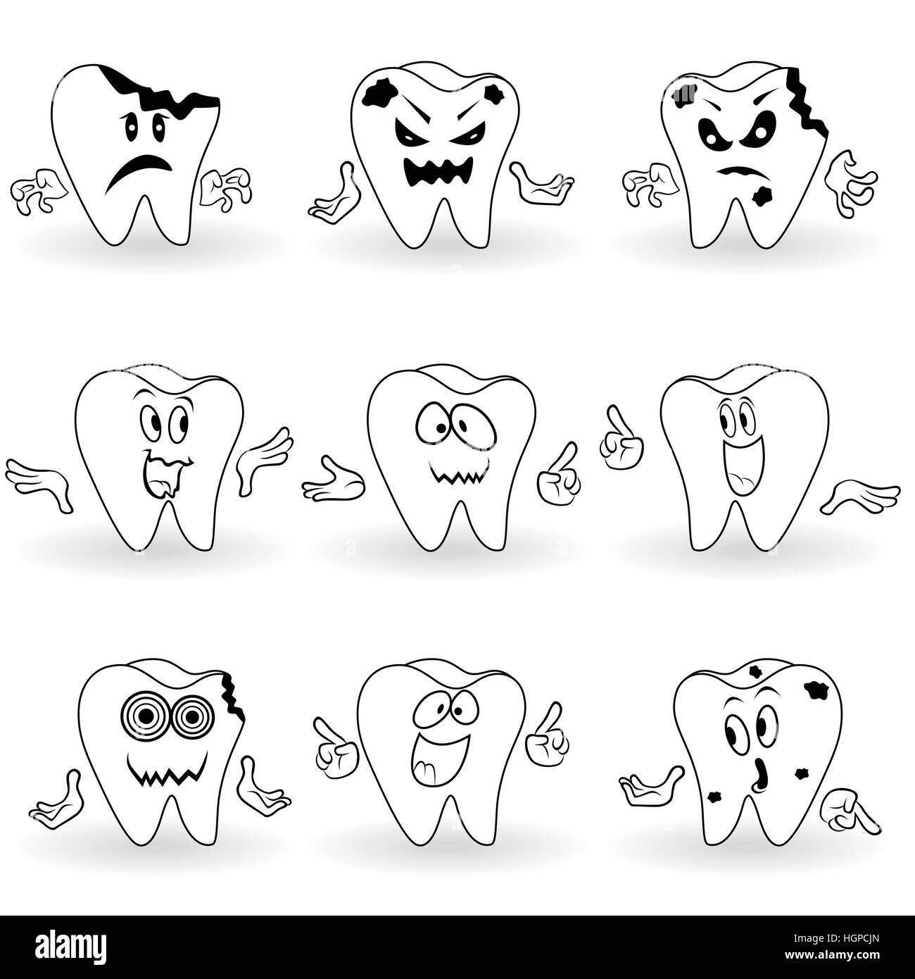 Satz von neun Zeichen der lustigen Cartoon-Zähne mit verschiedenen Gesicht Grimassen und mit Hand gestikulierend, Vektor-Illustrationen Stock Vektor
