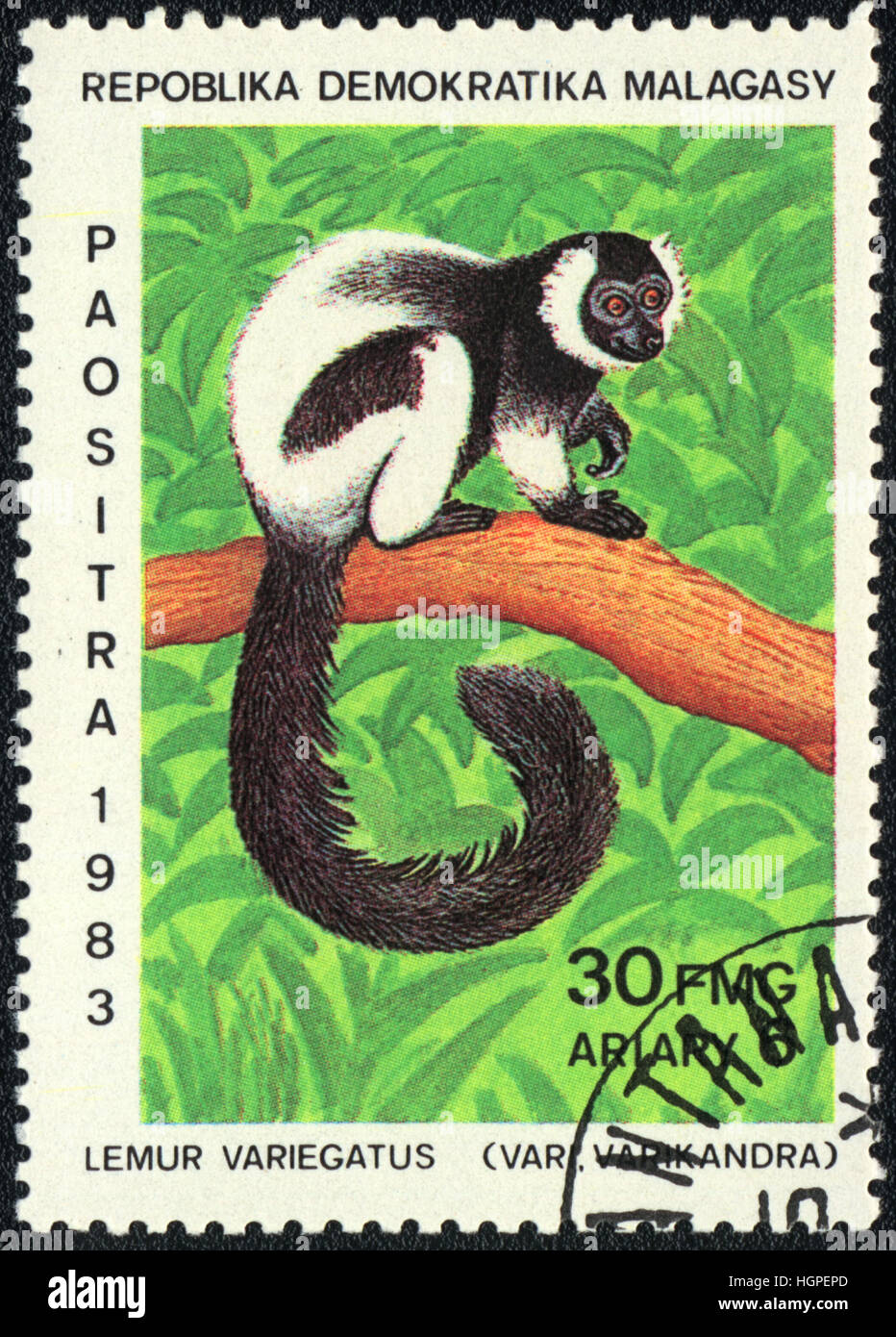 Eine Briefmarke gedruckt im madagassischen zeigt Lemur Variegatus, Serie, Lemuren von Madagaskar 1983 Stockfoto