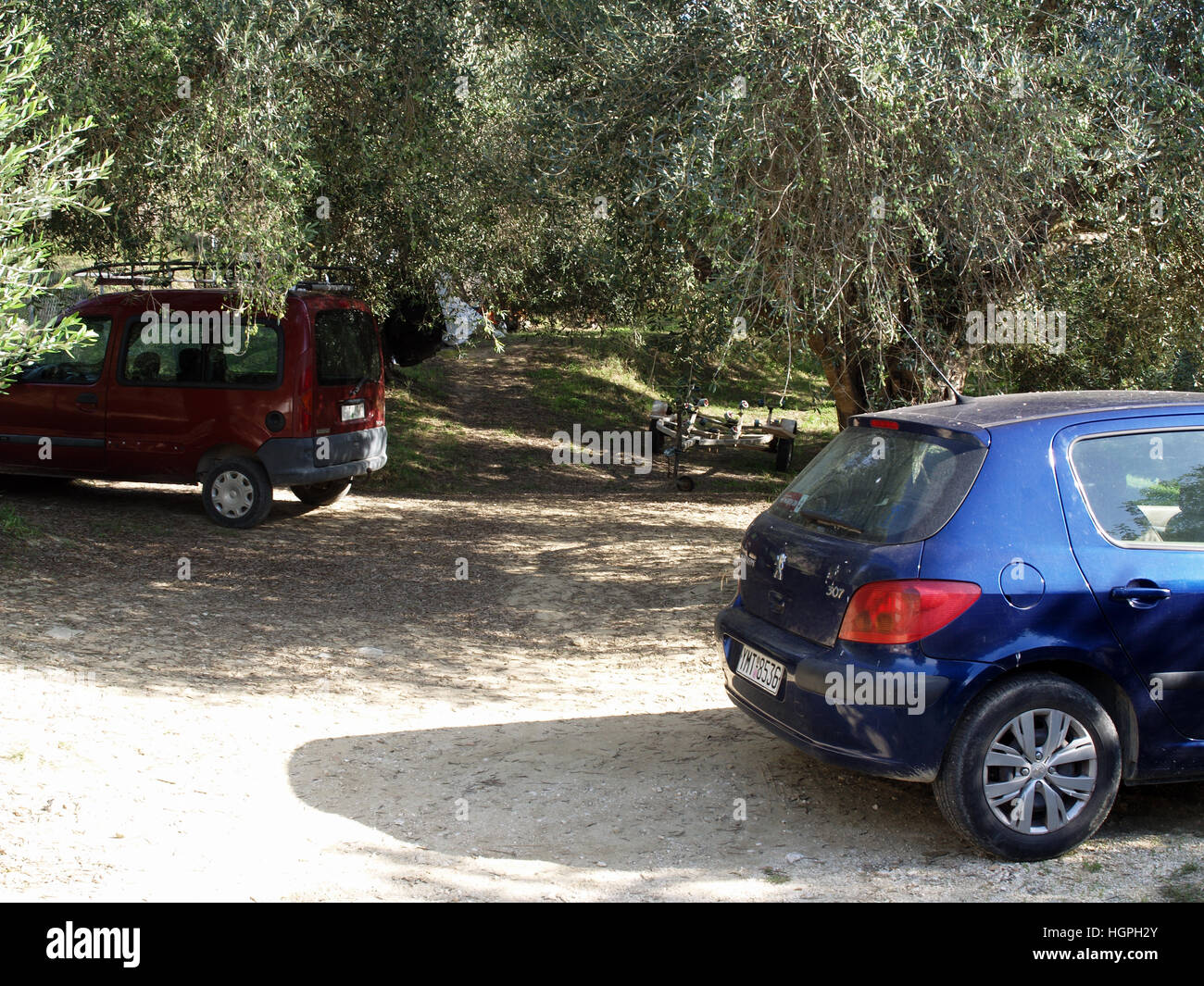 Blauen Peugeot 307 und roten Renault Kangoo geparkt in Olivenhain in der Nähe von Karousades, Korfu, Griechenland Stockfoto