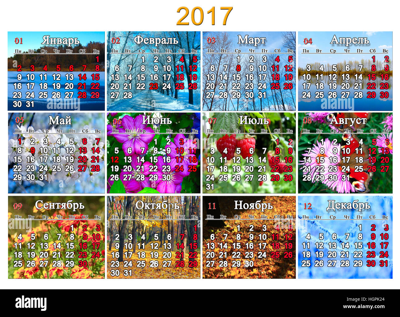 Kalender für das Jahr 2017 in russischer Sprache mit Foto der Natur für jeden Monat Stockfoto