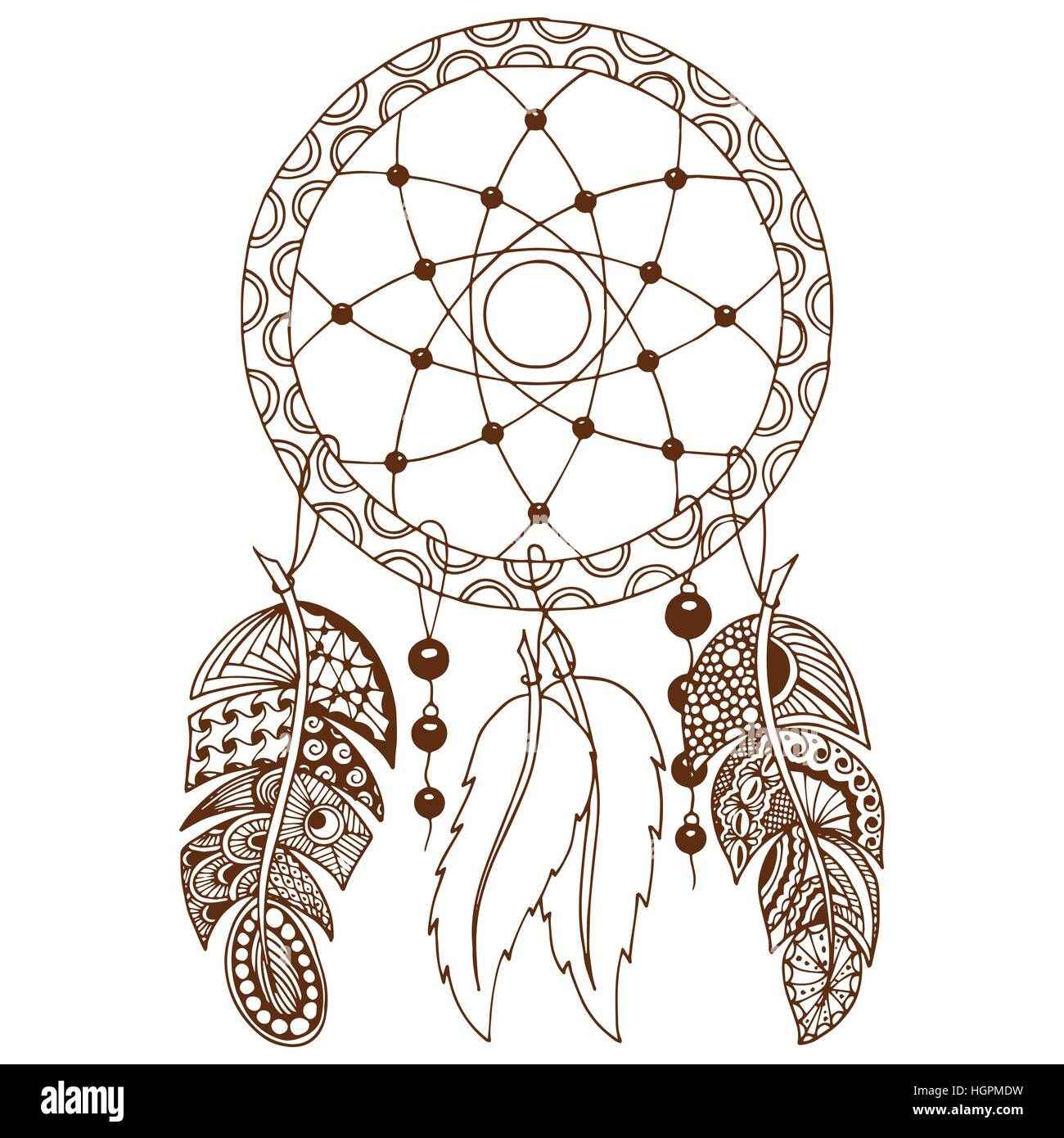 Handgezeichnete Native American Indian Talisman farbige Dreamcatcher mit Federn und Mond. Vektor-Hipster-Illustration isoliert auf weiss. Ethnischen design Stock Vektor
