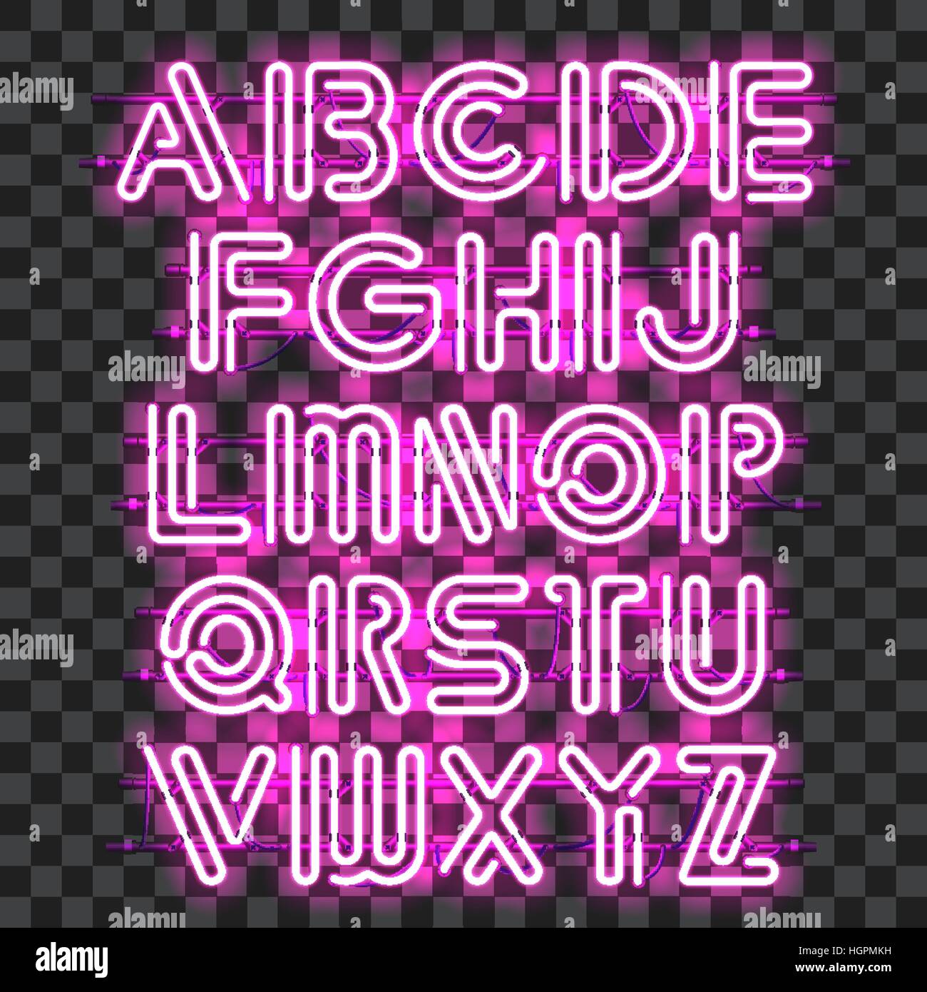 Leuchtenden lila Neon-Alphabet mit Buchstaben von A bis Z. Shining und leuchtende Neon-Effekt. Jeder Buchstabe ist separate Einheit mit Klammern, Drähte, Rohre und Stock Vektor