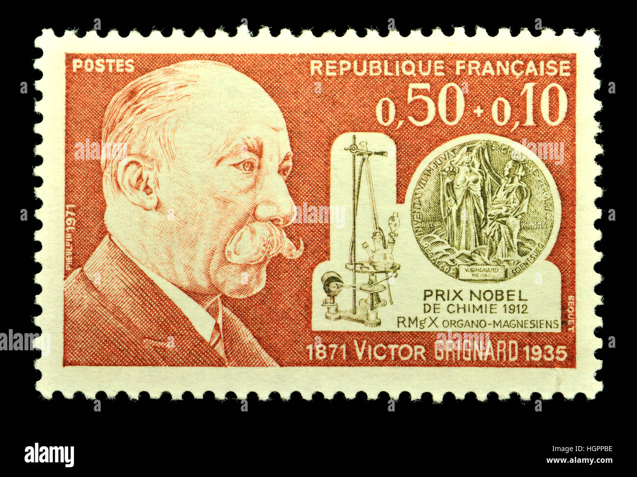 Französische Briefmarke (1971): François Auguste Victor Grignard (1871-1935) Gewinner des Nobelpreises für Chemie 1912 Stockfoto