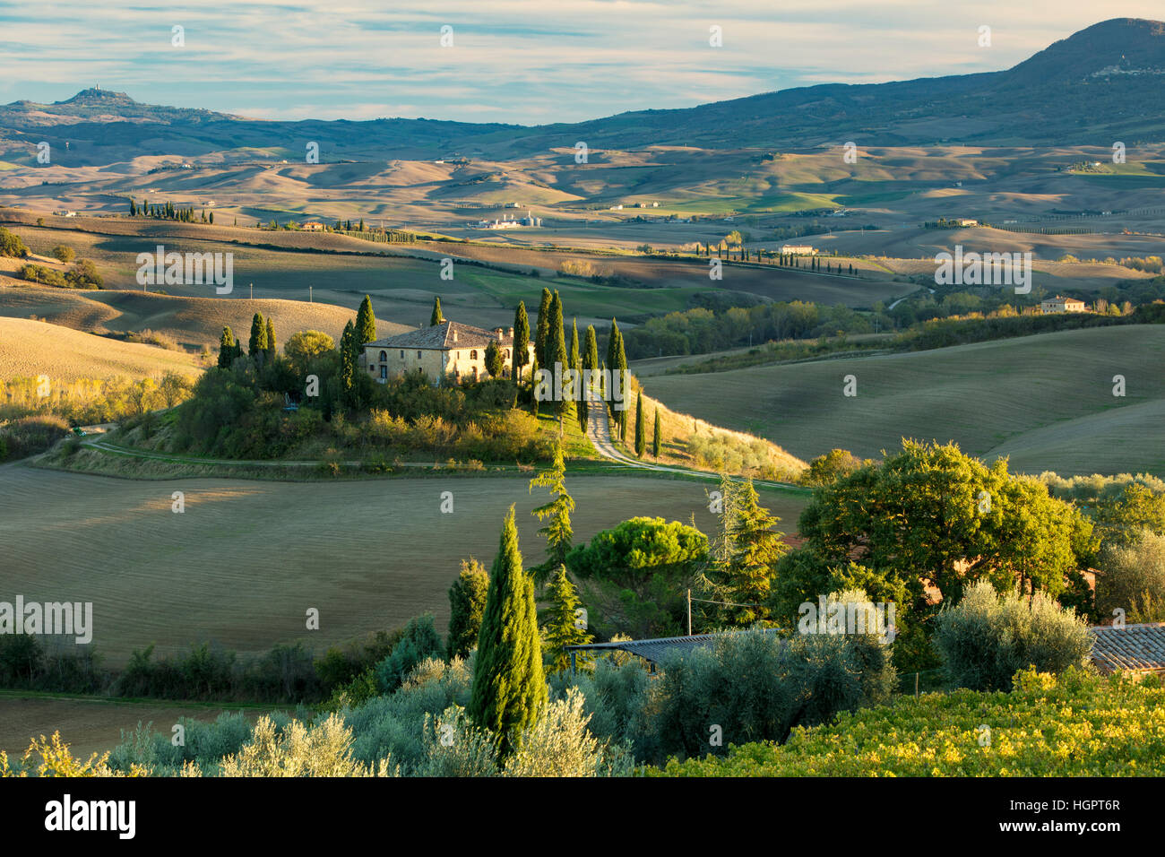 Späten Nachmittag Sonne auf den Belvedere und die Landschaft des Val d ' Orcia in der Nähe von San Quirico, Toskana, Italien Stockfoto