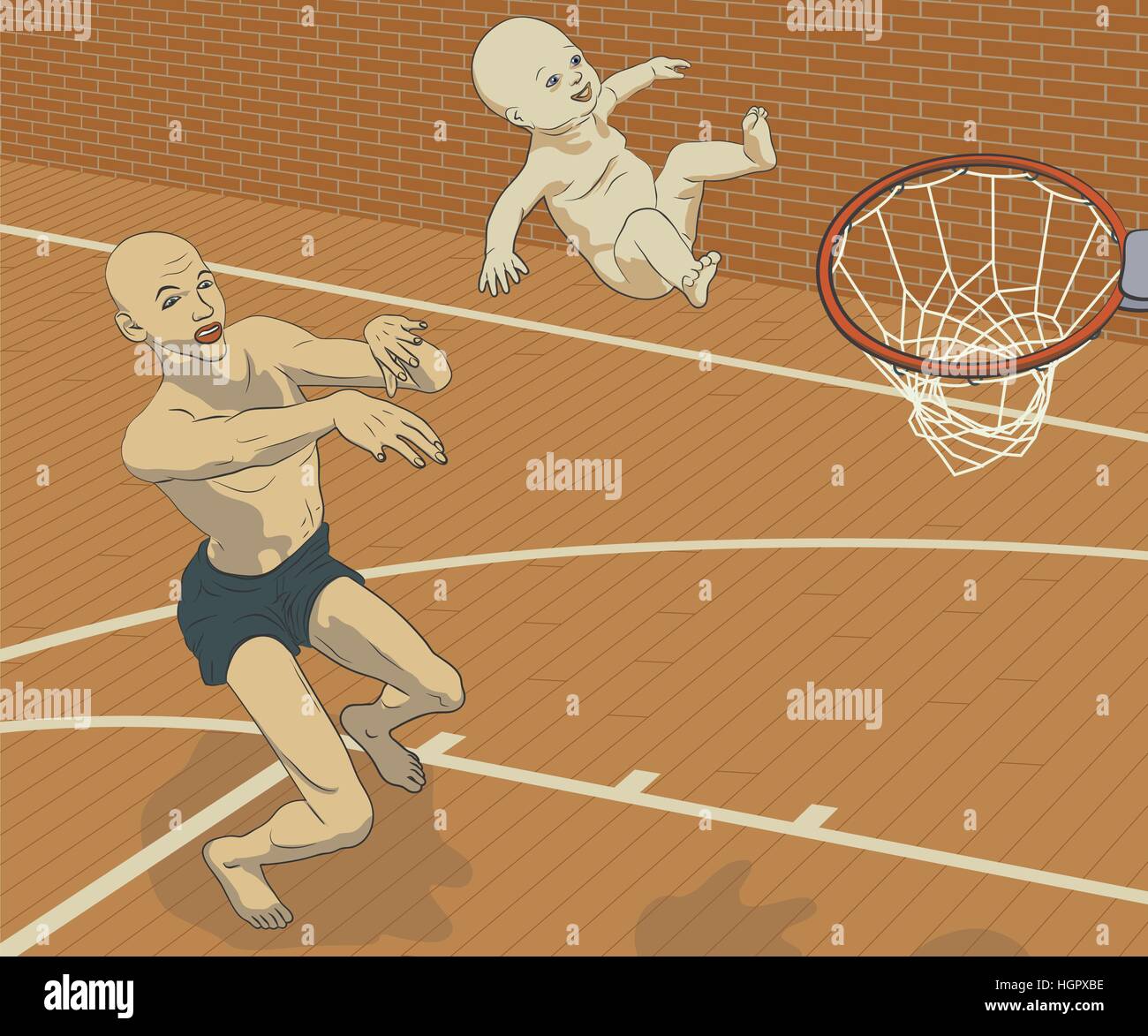Konzept-Vektor-Illustration eines Mannes sein lächelndes Baby auf einen Basketballkorb werfen, als ob versucht, seine Ziele durch sein Kind oder seine schieben Stock Vektor