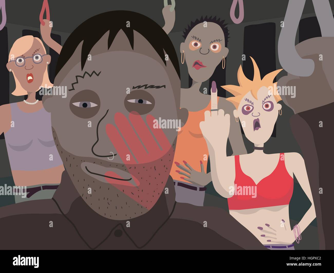 Vektor-Illustration von Frauen reagieren verärgert auf einen geilen Mann mit den öffentlichen Verkehrsmitteln Stock Vektor