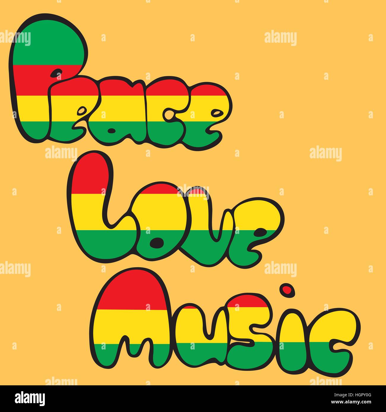 Design von Frieden, Liebe und Musik im Stil der Blase in grünen, gelben und roten Farben. Stock Vektor