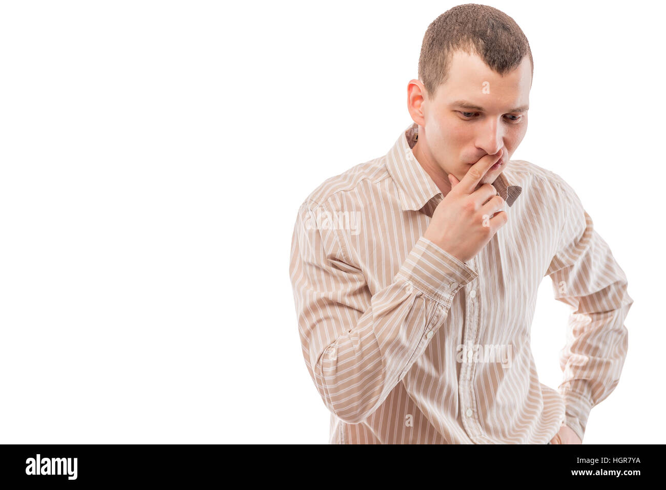 nachdenklich Geschäftsmann auf weißem Hintergrund, Raum auf der linken Seite Stockfoto