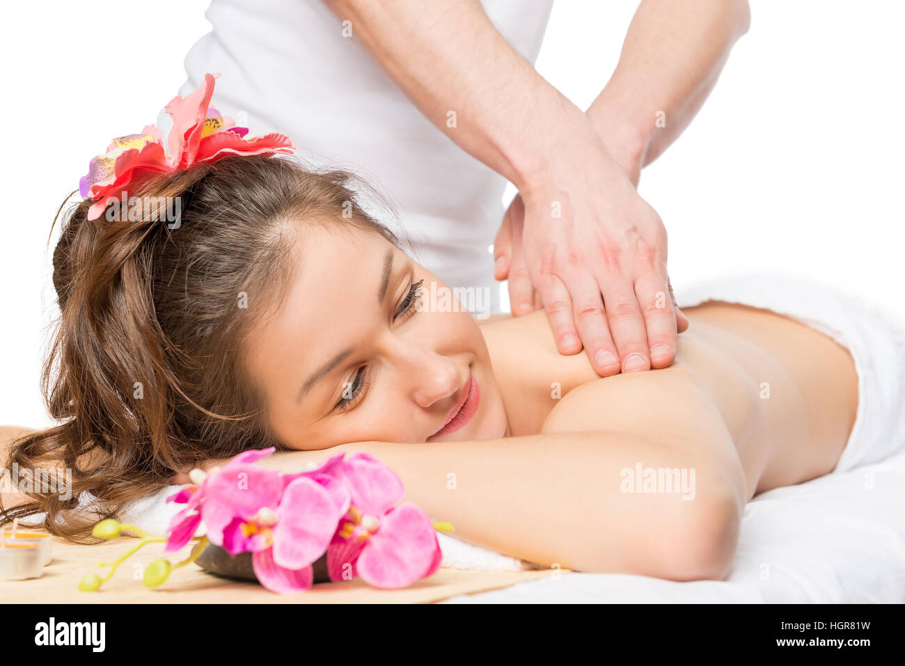 Gelassene Frau genießen eine Massage oder Haut Behandlung im spa Stockfoto