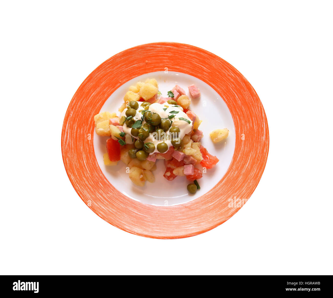 Aperitif zum Abendessen. Teller mit Salat auf weißem Hintergrund. Isoliert mit Beschneidungspfad Stockfoto