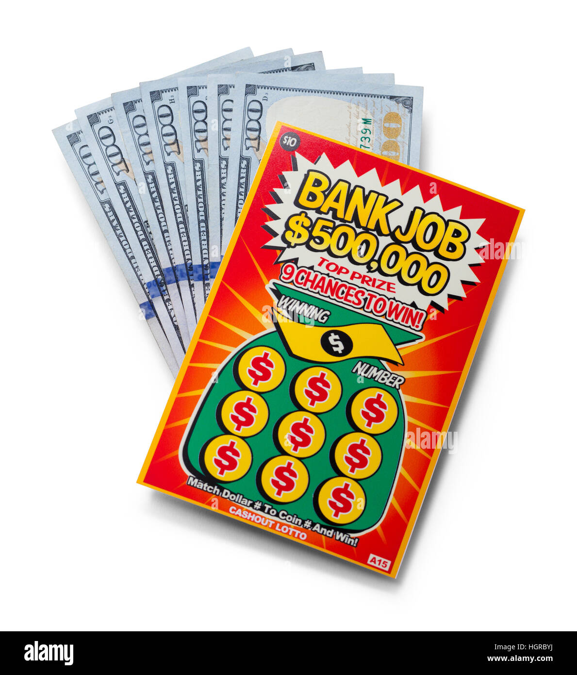 Rubbeln Sie Lottoschein mit Geld, Isolated on White Background. Stockfoto