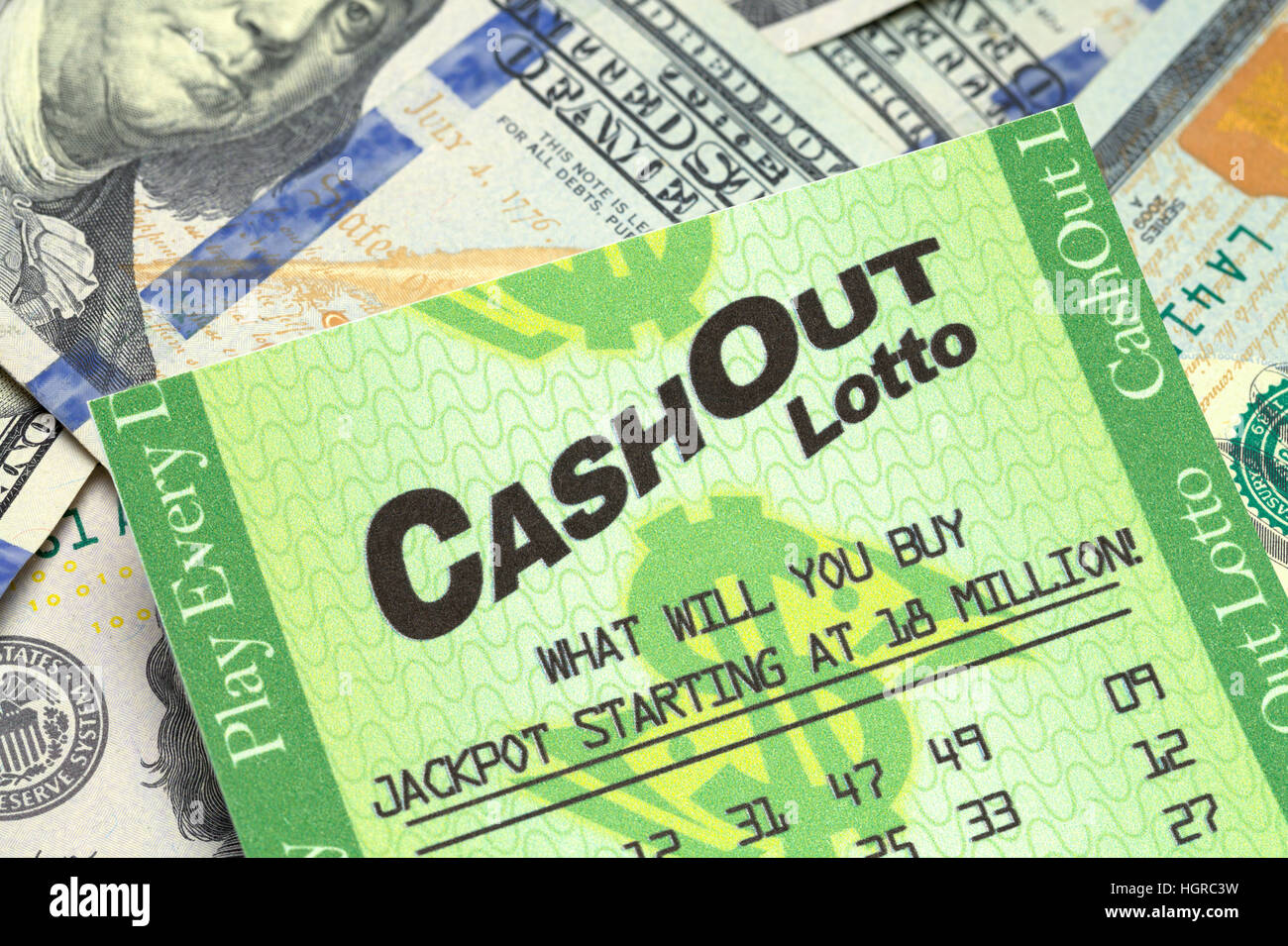 Lotto-Ticket mit Geld, Isolated on White Background. Stockfoto