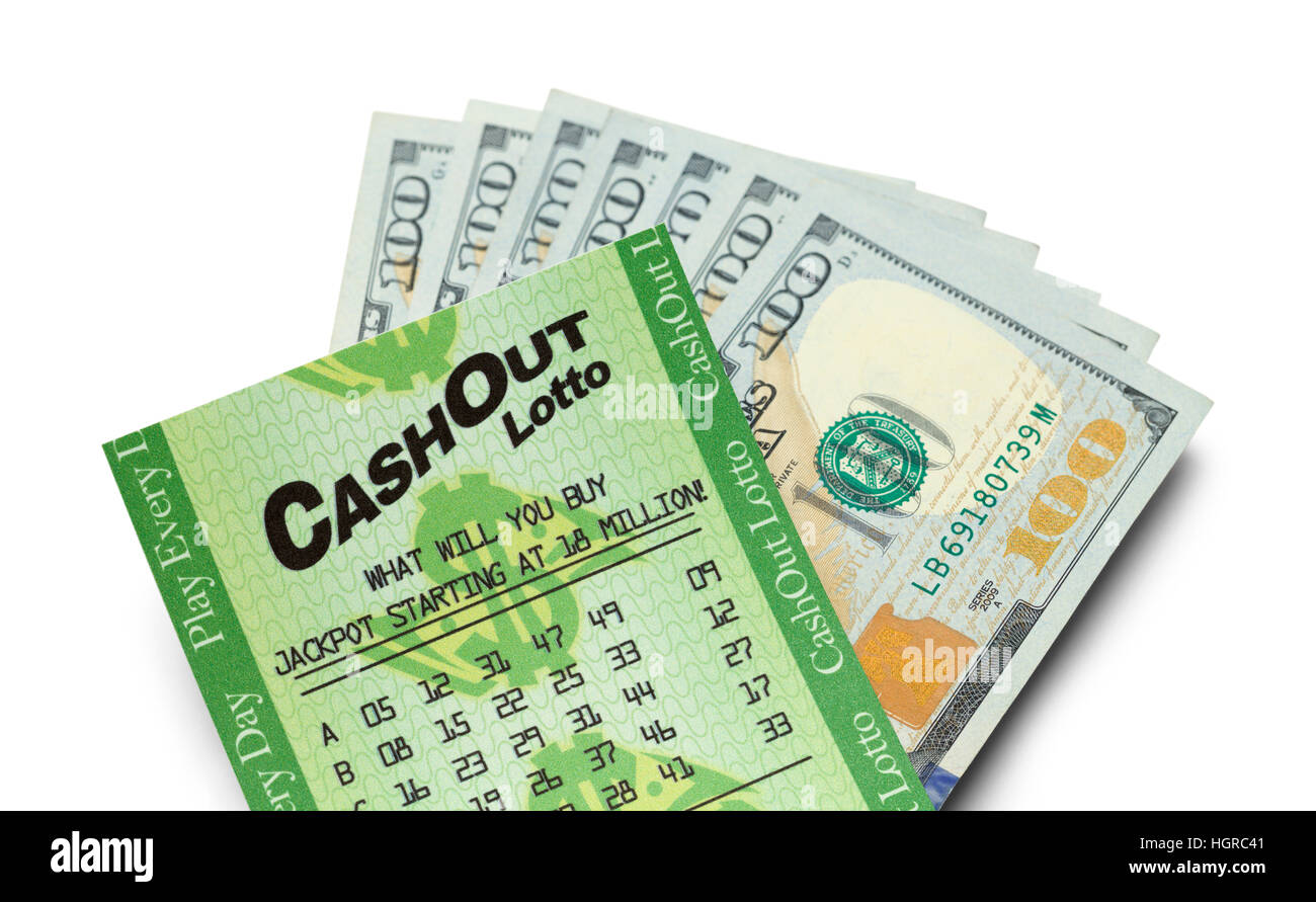 Lotto-Gewinnschein und Geld, Isolated on White Background. Stockfoto