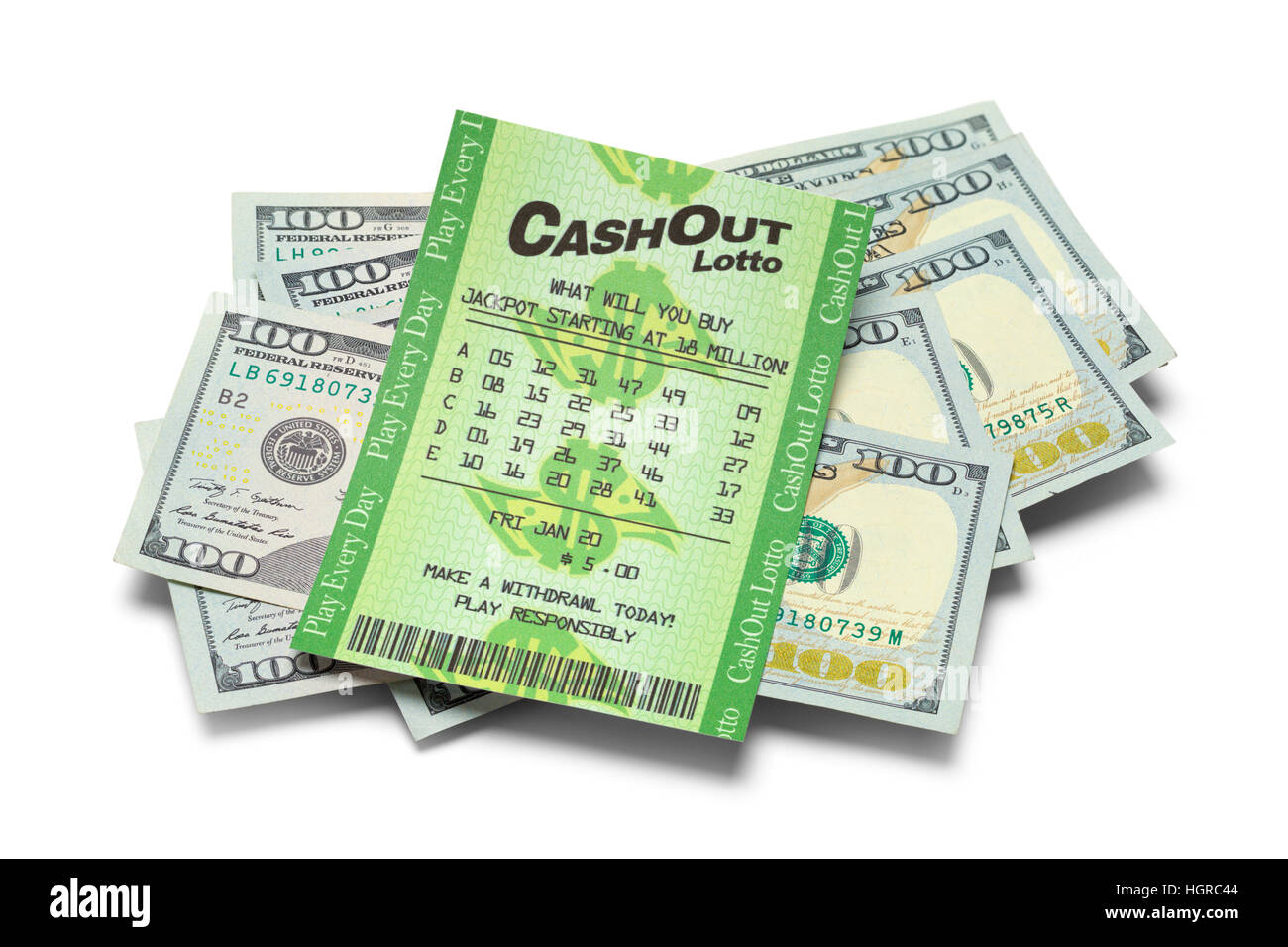 Lotto-Ticket und Cash, Isolated on White Background. Stockfoto