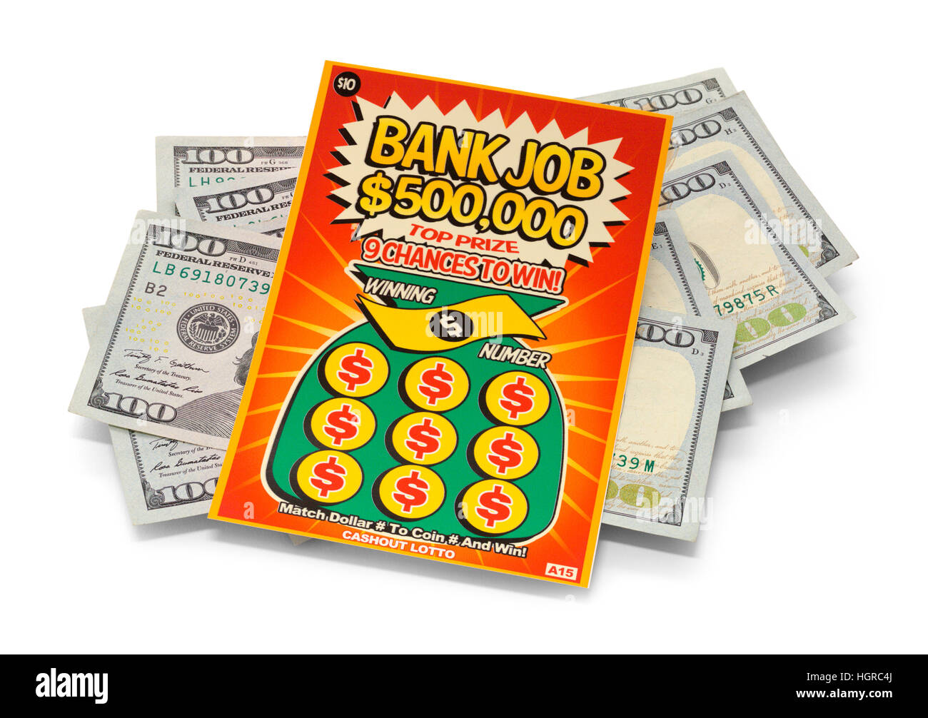 Rubbel-Lottoschein mit Geld, Isolated on White Background zu gewinnen. Stockfoto