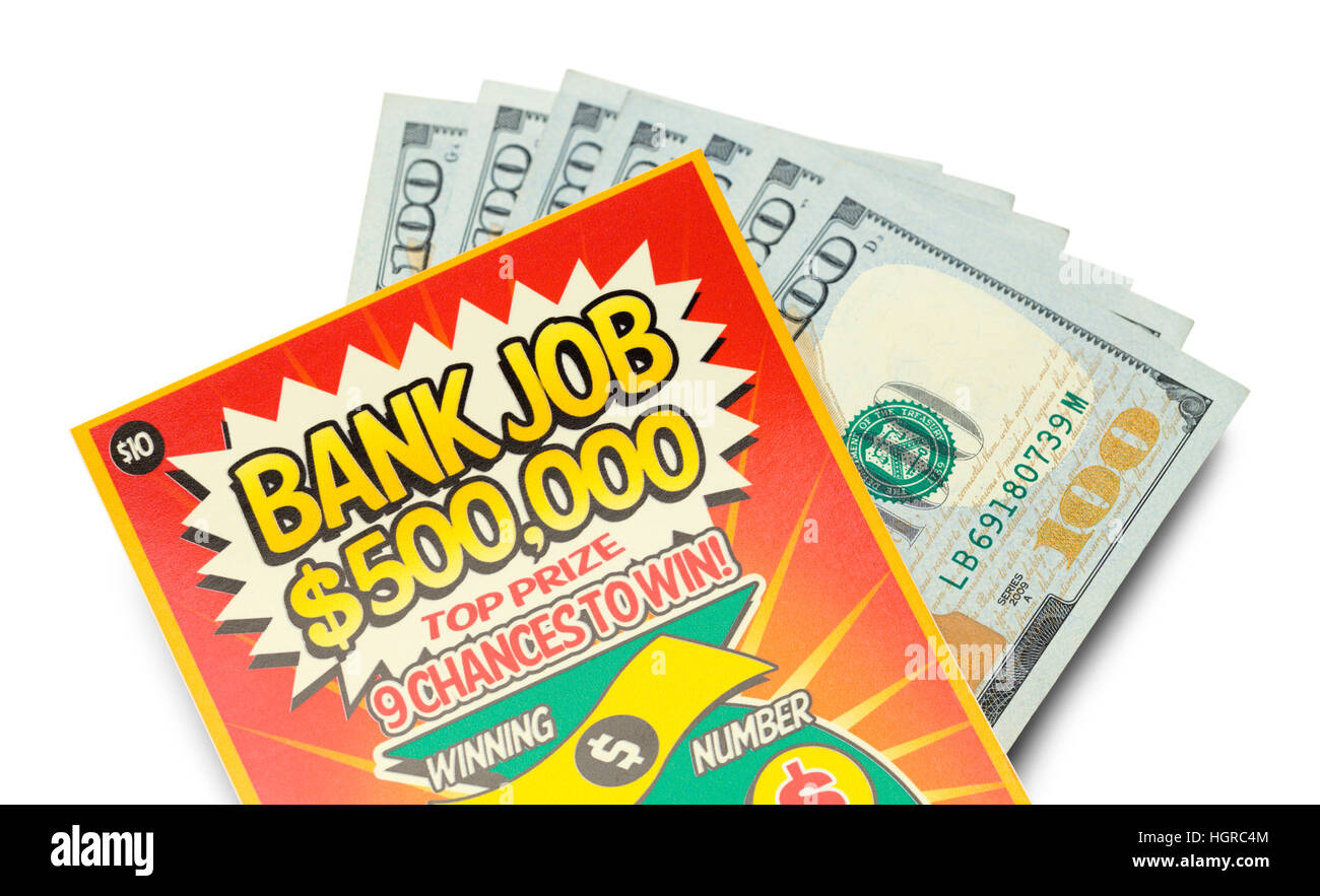 Rubbel-Lottoschein und Cash, Isolated on White Background zu gewinnen. Stockfoto