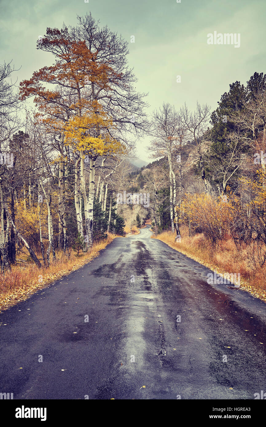 Farbe getönt Straße nach dem Regen in den Rocky-Mountains-Nationalpark, Colorado, USA. Stockfoto