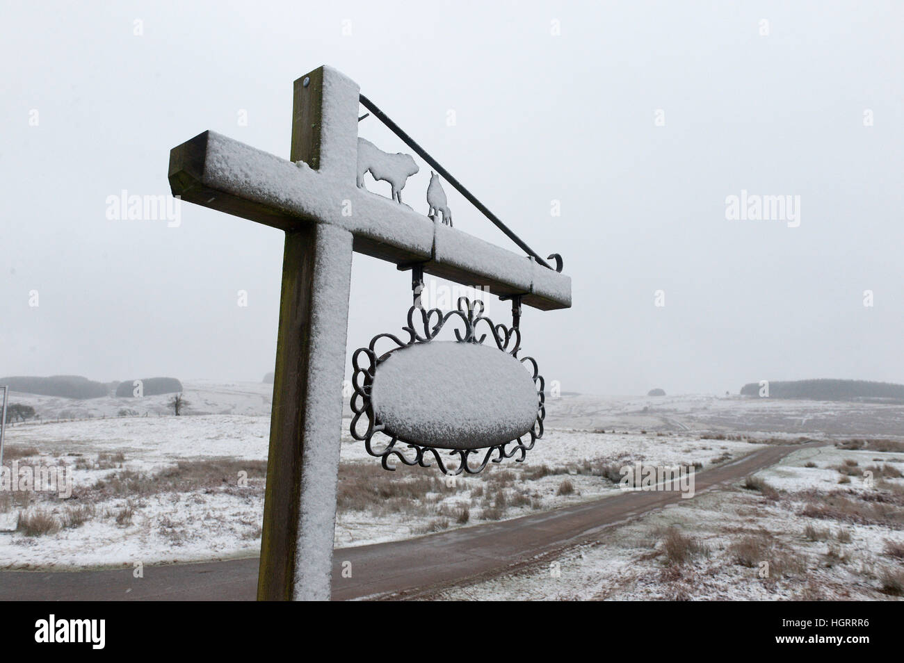 Builth Wells, Powys, Wales, UK. 12. Januar 2017.  Ein Bauernhof-Zeichen werden gestrahlt mit Schnee auf dem Hochmoor des Bereichs Mynydd Epynt nahe Builth Wells in Powys, Mid Wales, UK gesehen. © Graham M. Lawrence/Alamy-Live-Nachrichten. Stockfoto