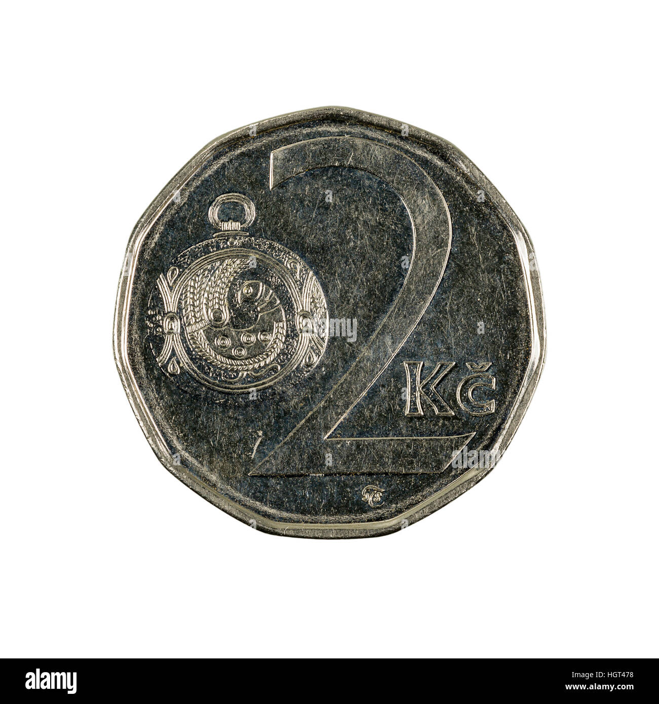 Tschechische Kronen Münze, 2 Kronen im Jahr 2010 auf weißem Hintergrund Stockfoto