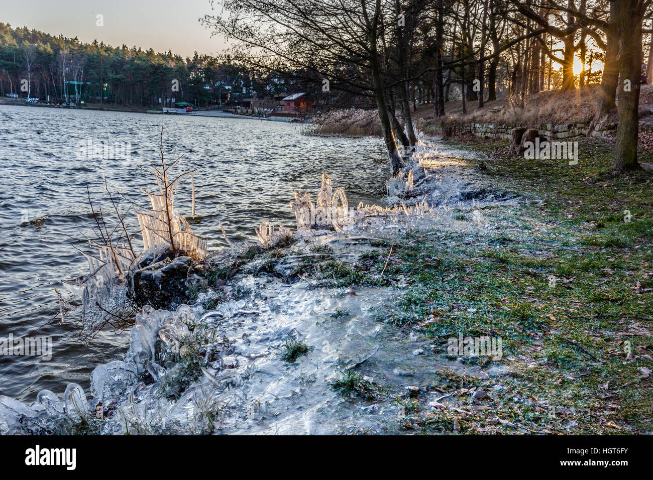 eisiger Wind erstellt Eis Statuen von grass Stockfoto
