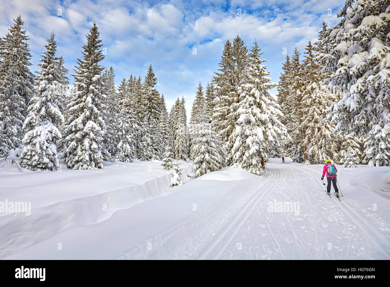 Winterlandschaft mit Langlaufen verfolgt, Ski und Schnee bedeckt Bäume. Stockfoto