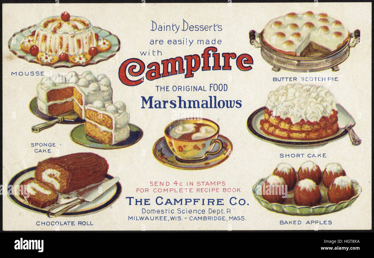 Köstliche Desserts sind leicht gemacht mit Lagerfeuer Marshmallows, das ursprüngliche Essen [Front] - Lebensmittel-Handel-Karte Stockfoto
