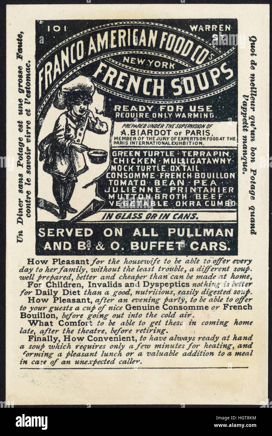Franco American Food Company französische Suppen, Spiel und Huhn Pasteten [zurück] - Lebensmittel-Handel-Karte Stockfoto
