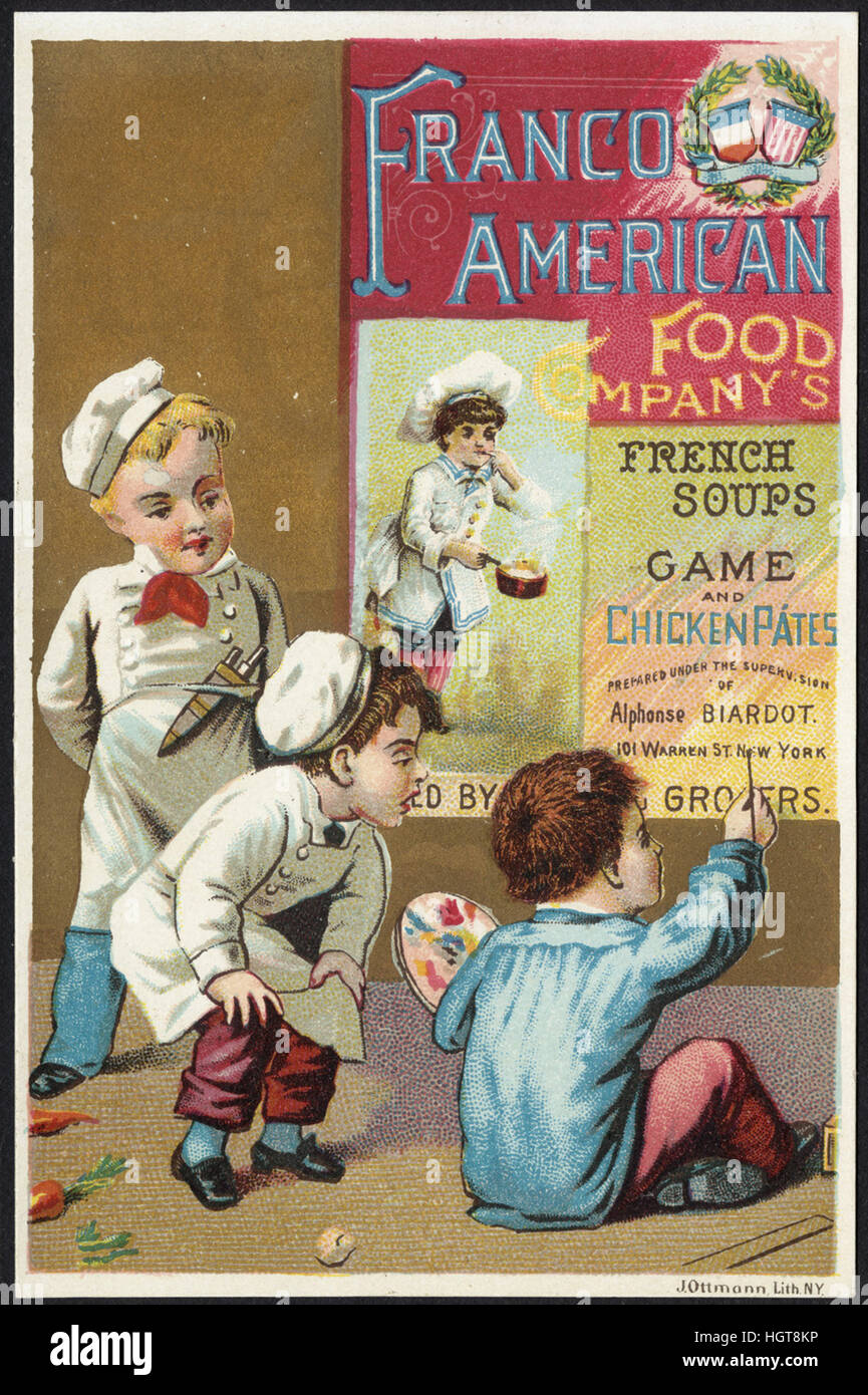 Franco American Food Company französische Suppen, Wild und Huhn Pasteten [Front] - Lebensmittel-Handel-Karte Stockfoto