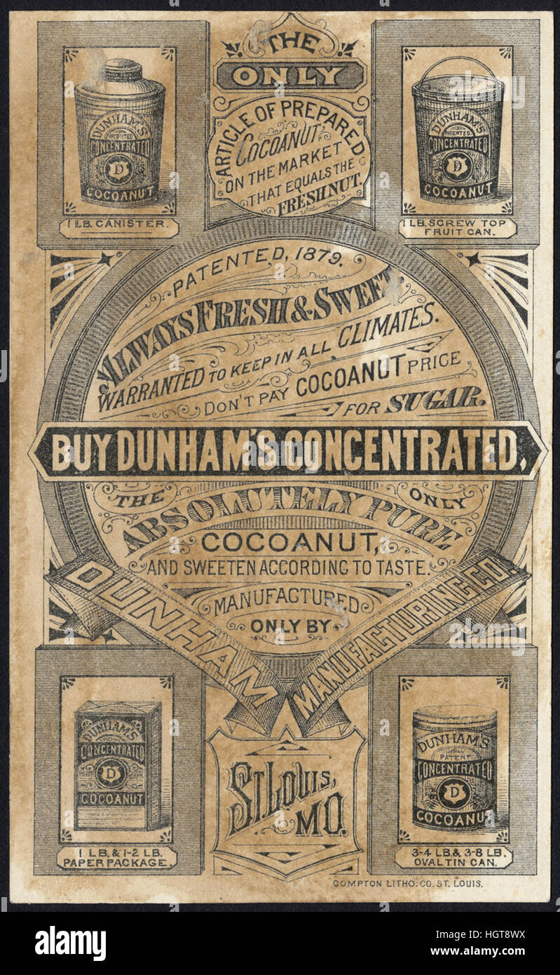 Verwenden Sie Dunham es konzentriert Cocoanut [zurück] - Lebensmittel-Handel-Karte Stockfoto