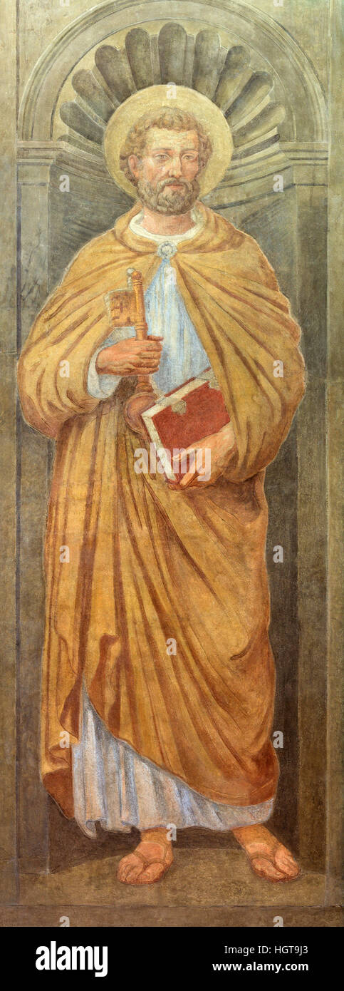 Rom, Italien - 12. März 2016: Das Fresko des Heiligen Petrus in der Kirche Chiesa di Nostra Signora del Sacro Cuore. Stockfoto