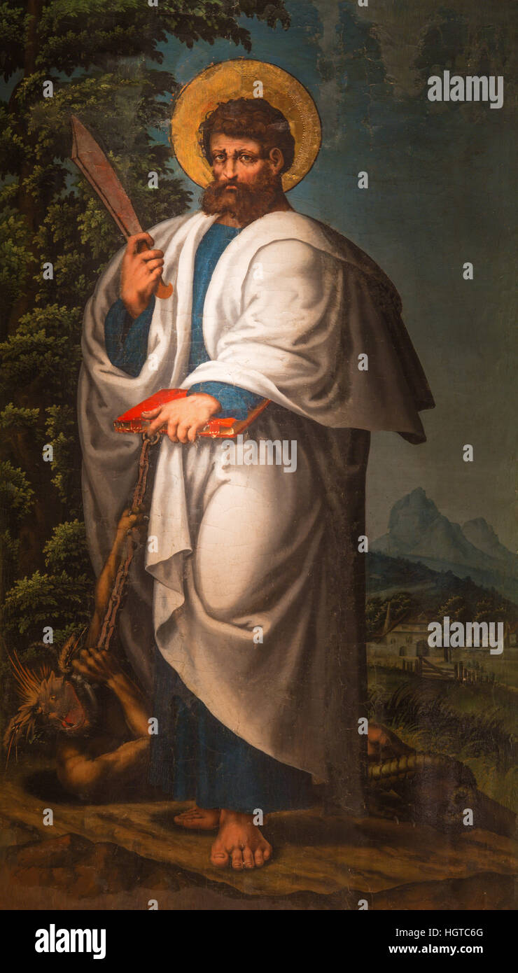AVILA, Spanien, APRIL - 18, 2016: The Saint Bartholomew der Apostel Malerei in der Catedral de Cristo Salvador unbekannten Künstlers von 15. Jhdt. Stockfoto
