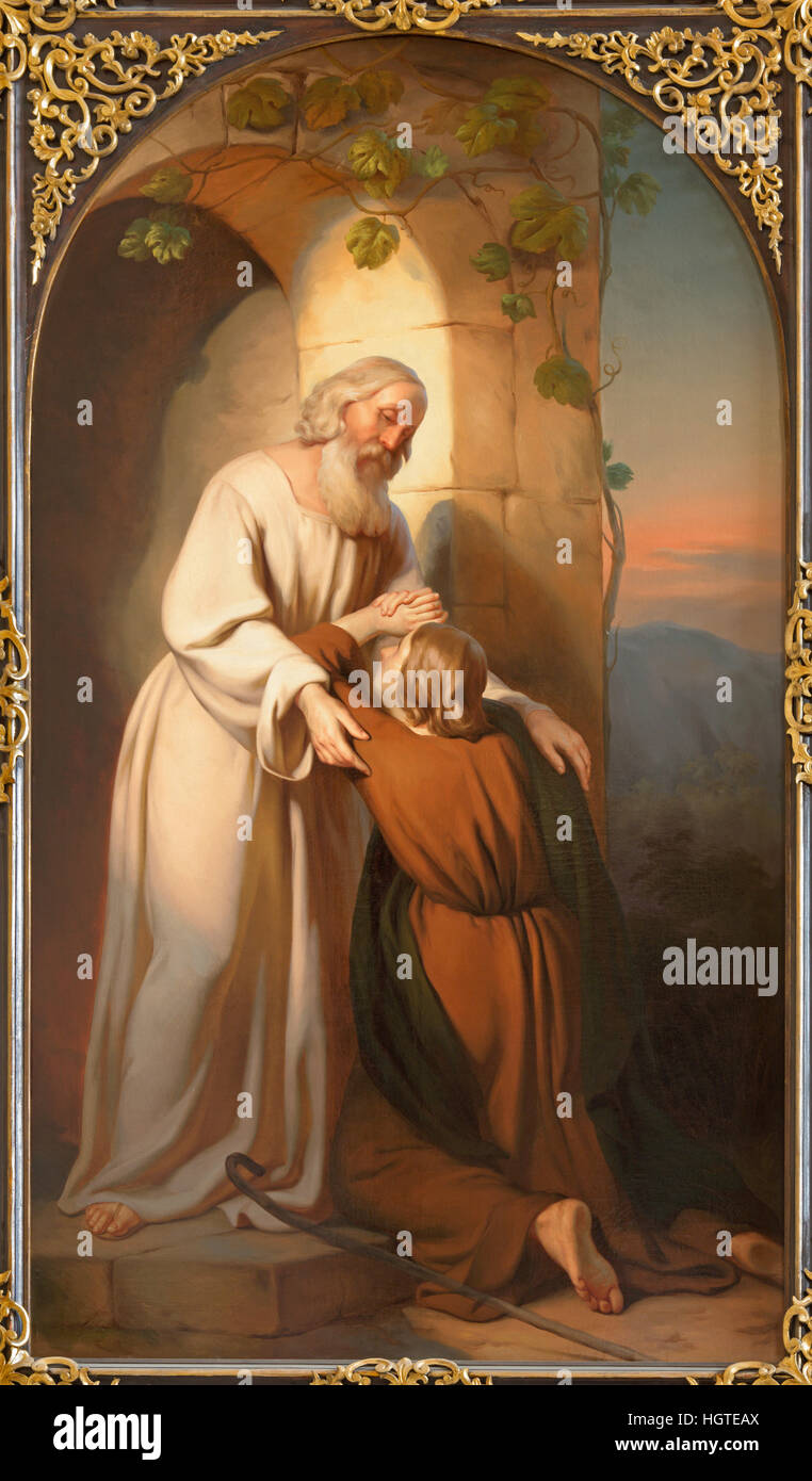 Wien, Österreich - 19. Dezember 2016: Das Bild der Szene Comeback des verlorenen Sohnes in Kirche Kirche St. Laurenz (Schottenfelder Kirche) Stockfoto