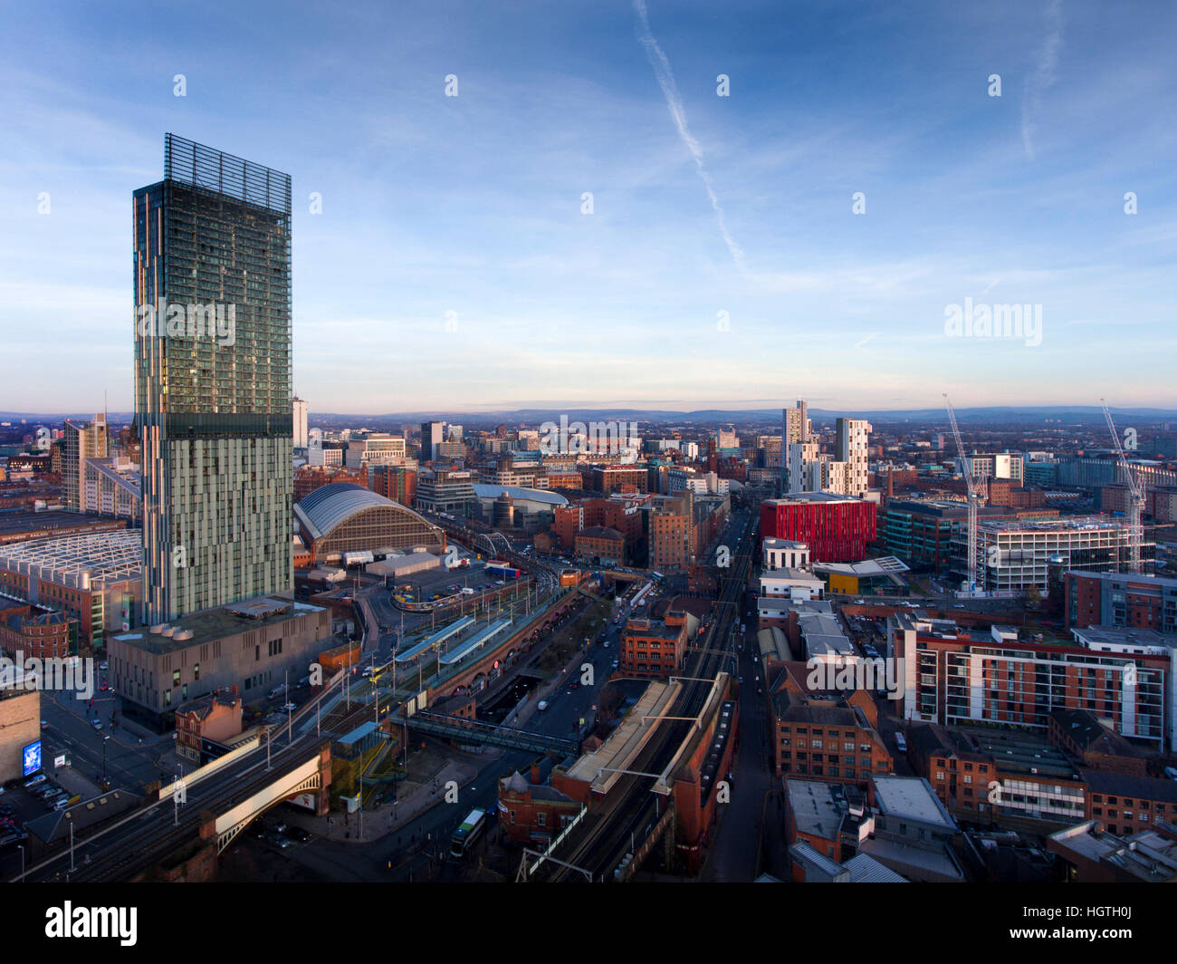 Skyline der Stadt Manchester und die Hilton Tower, hotel Stockfoto