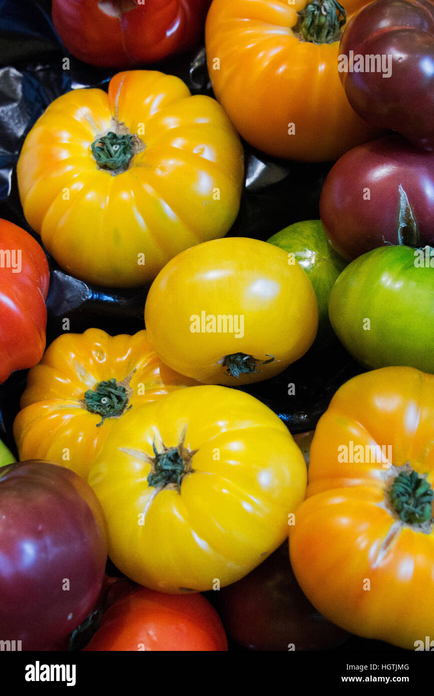 Heirloom Tomatoes im Obst-und Gemüsehändler in New York ausgestellt. Stockfoto