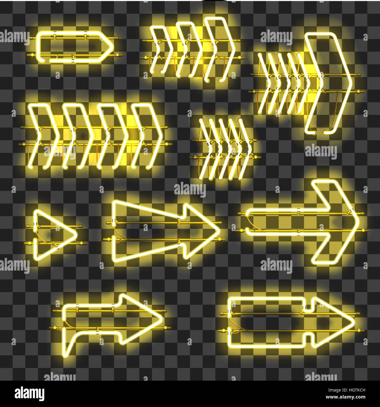 Reihe von leuchtenden Gelb Neon Pfeile auf transparenten Hintergrund isoliert. Glänzende und leuchtende Neon-Effekt. Jeder Pfeil ist separate Einheit mit Drähte, Rohre, Stock Vektor