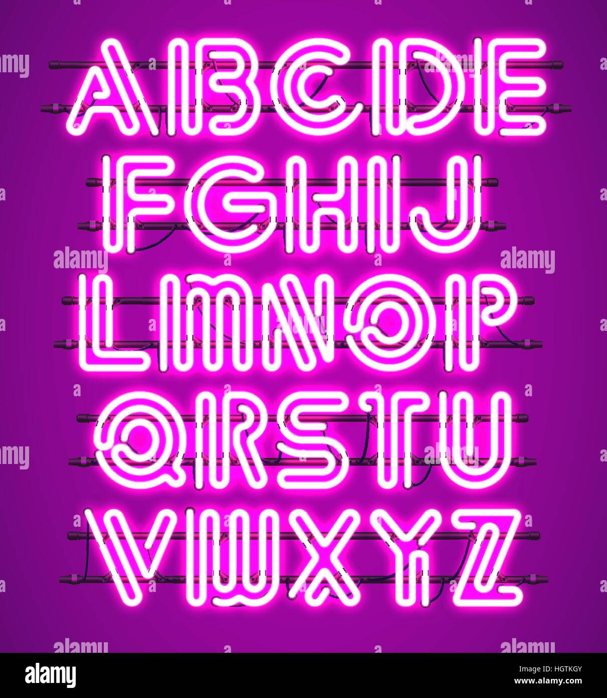 Leuchtenden lila Neon-Alphabet mit Buchstaben von A bis Z. Shining und leuchtende Neon-Effekt. Jeder Buchstabe ist separate Einheit mit Klammern, Drähte, Rohre und Stock Vektor