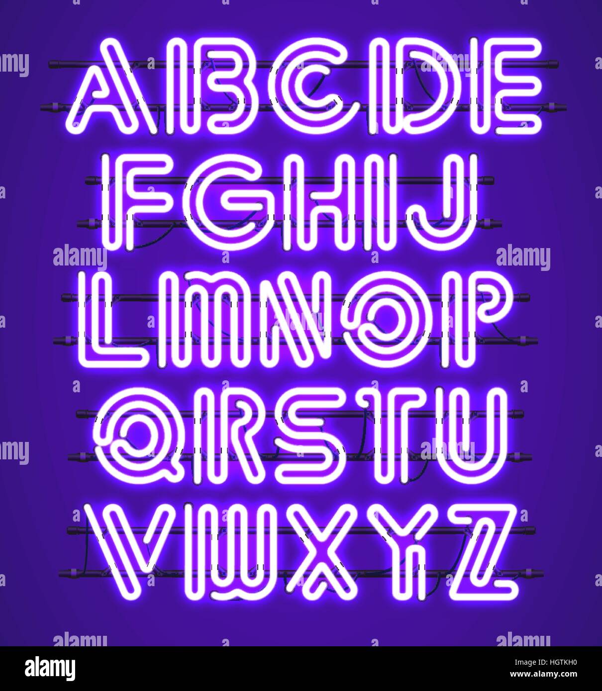 Leuchtenden lila Neon-Alphabet mit Buchstaben von A bis Z. Shining und leuchtende Neon-Effekt. Jeder Buchstabe ist separate Einheit mit Klammern, Drähte, Rohre und Stock Vektor