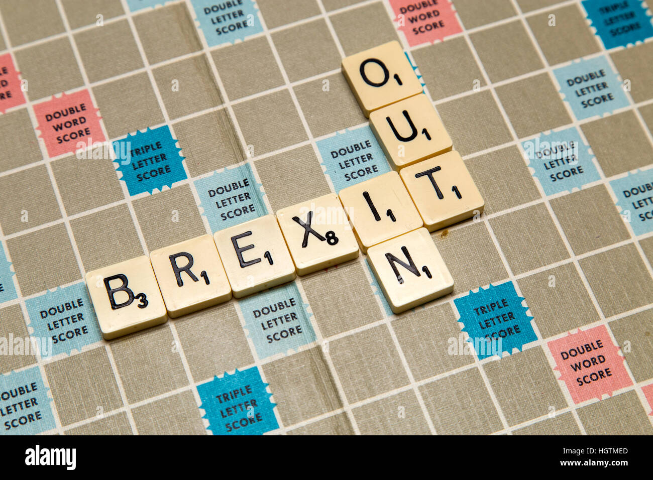 Scrabble Buchstaben buchstabieren Brexit Briefe, in oder out? Stockfoto