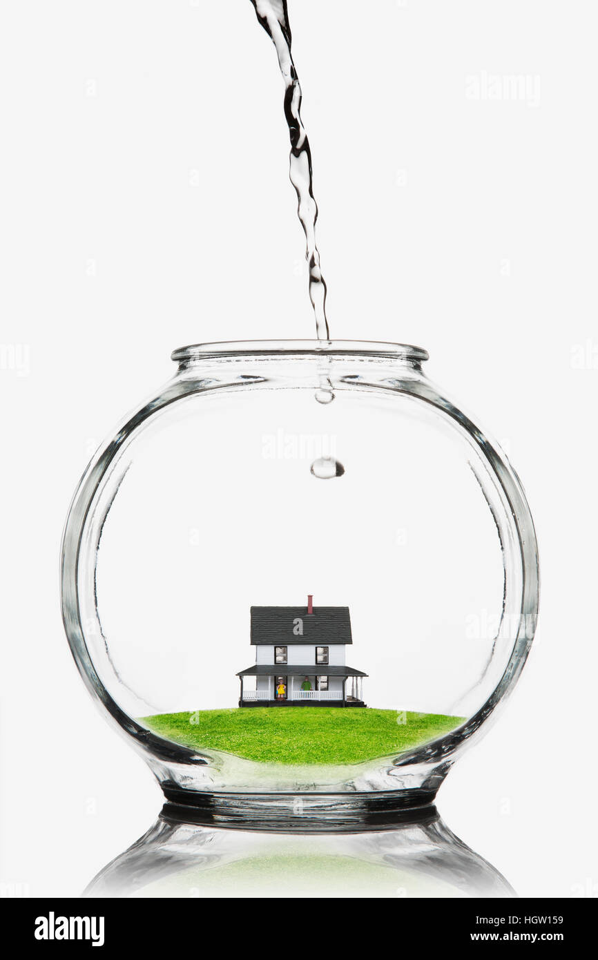 Wasser gießen auf ein Haus In einem Goldfischglas Stockfoto