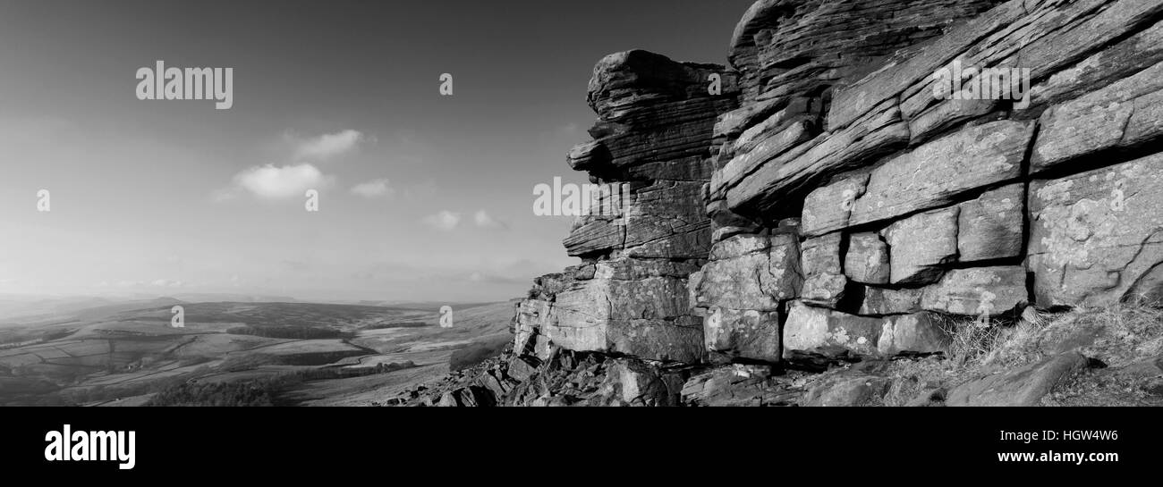 Stanage Edge, Gritstone rock-Formationen, Derbyshire County, Peak District National Park, Stockfoto