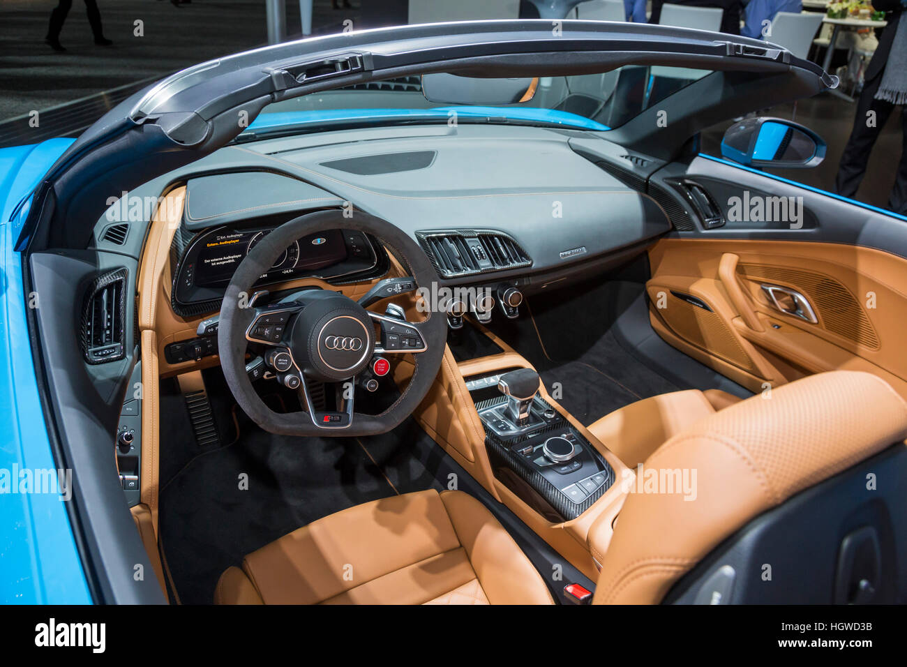Detroit, Michigan - der Audi R8 V10-Cabrio auf dem Display auf der North American International Auto Show. Stockfoto