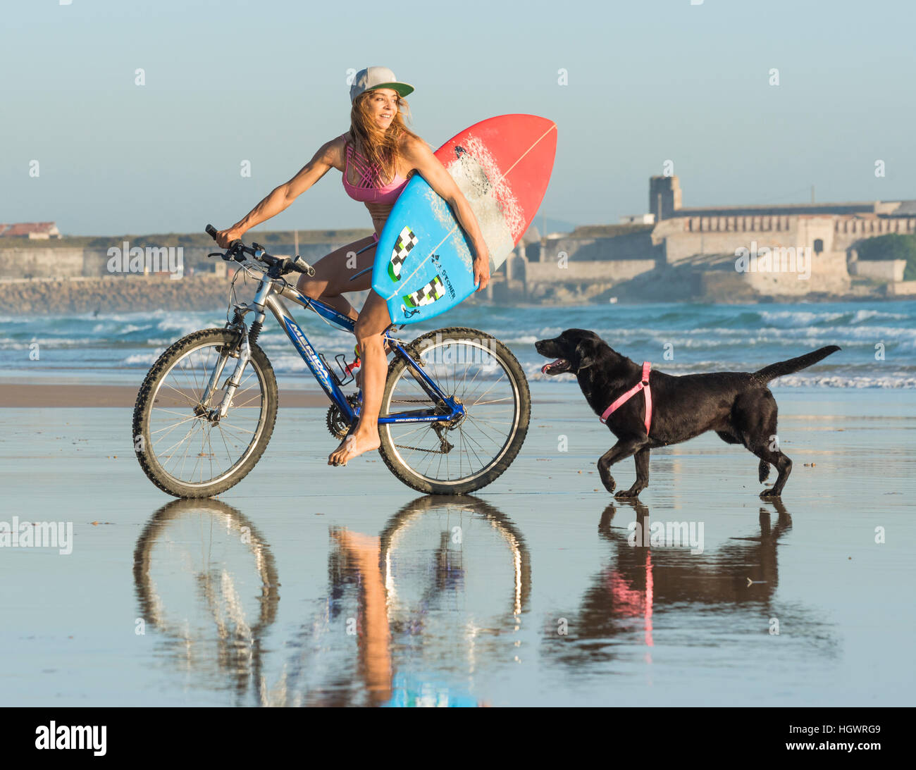 Frau auf ihrem Fahrrad mit ihrem Hund am Strand entlang reiten. Tarifa, Costa De La Luz, Cádiz, Andalusien, Südspanien. Stockfoto